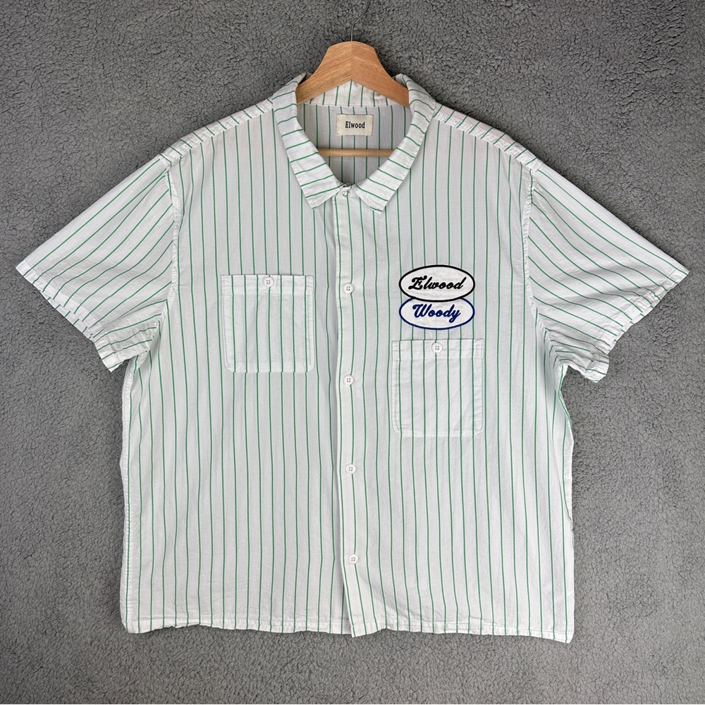 Elwood Woody Mechanic Shirt Men's White and Green Striped Casual Button-up Large